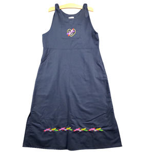 Homeroom Catalog Women's Apron Maxi Dress Blue Large Tie Shoulder Embroidered